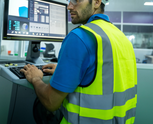 Side view of construction worker typing on keyboard